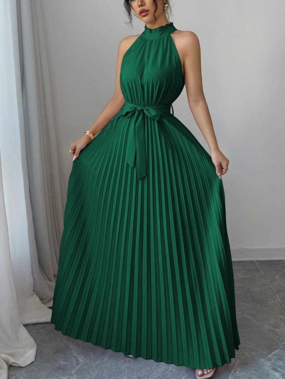 Dark Green Elegant Women's pleated A-Line Dress - Picture 5 of 5